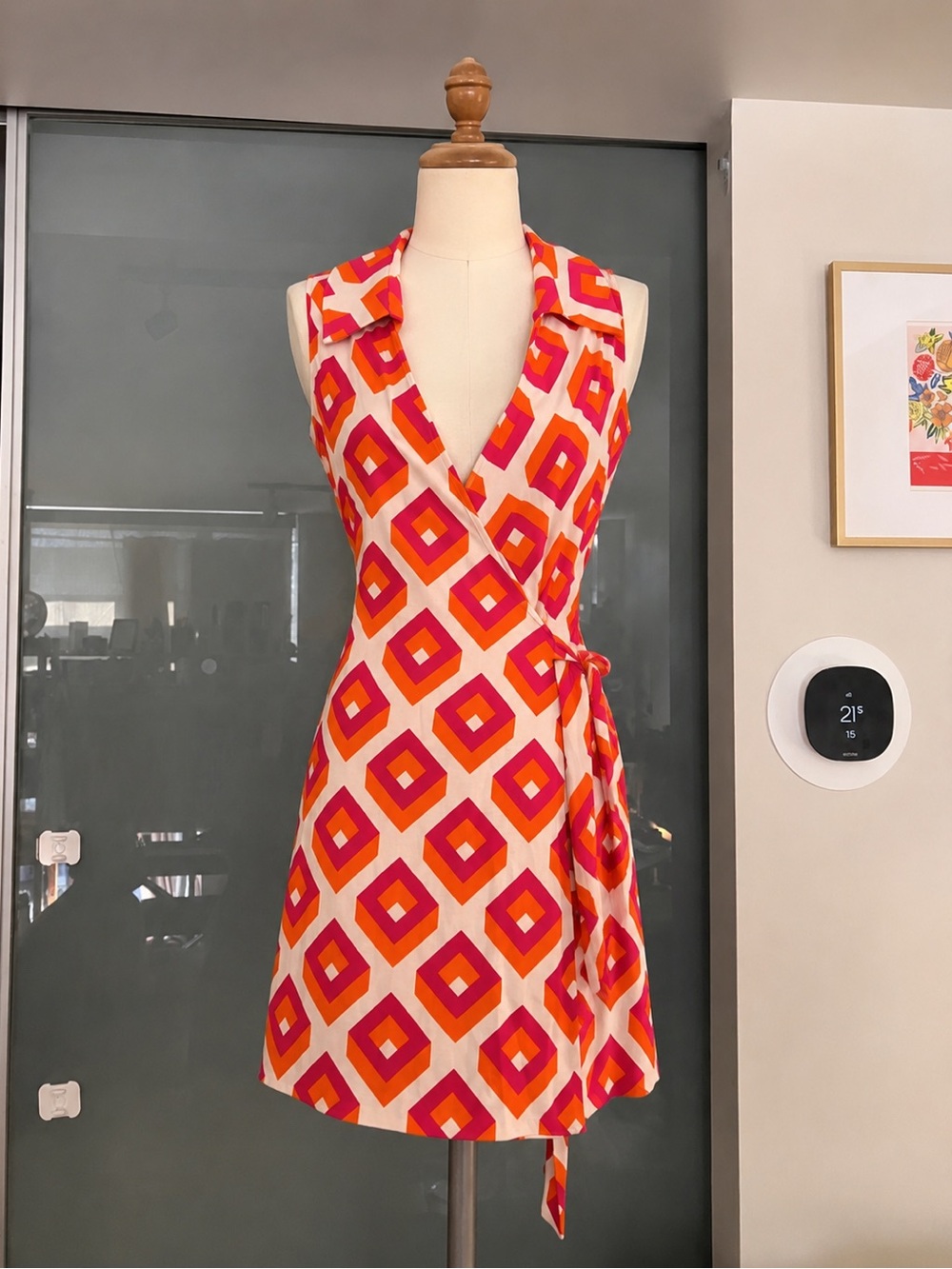 Diane Von Furstenberg Vintage Label Pink & Orange Geometric Wrap Mini Dress